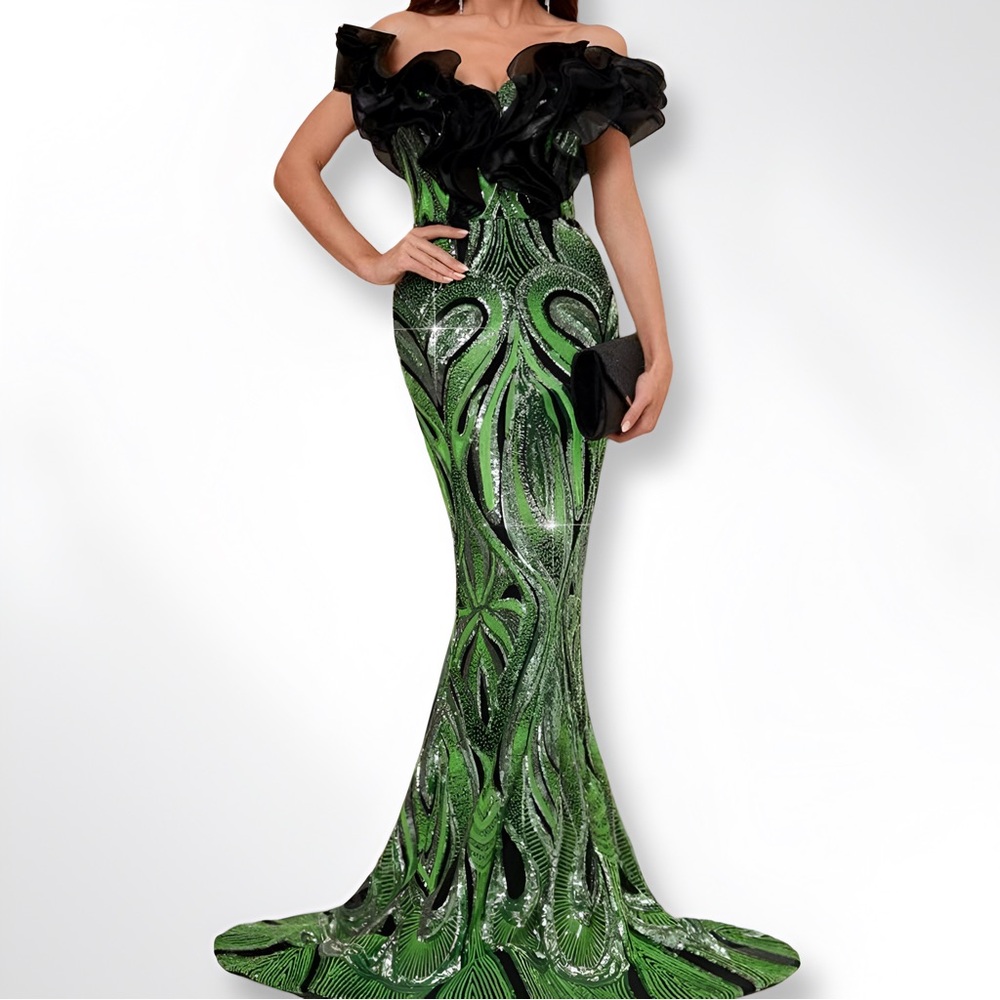 Belle Peacock Sequin Pattern, Off Shoulder Evening Gown Dress (Thick Fabric)